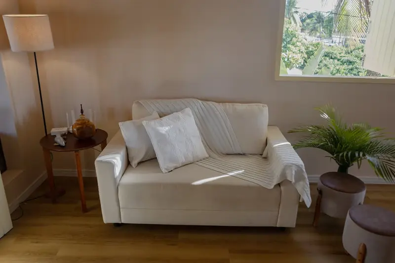 Sala com sofá branco, planta e luz do dia